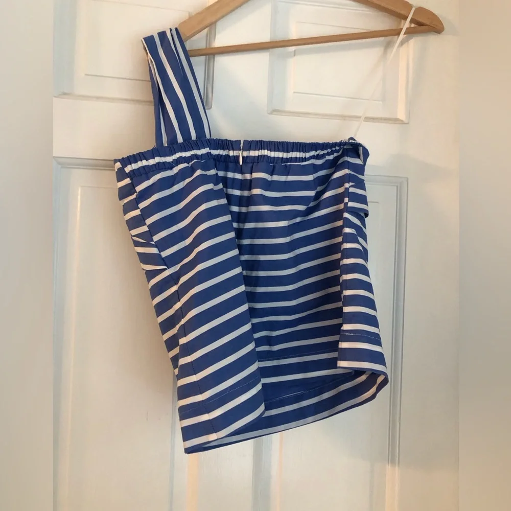 J. Crew Blue and White Striped One-Shoulder Top with Bow